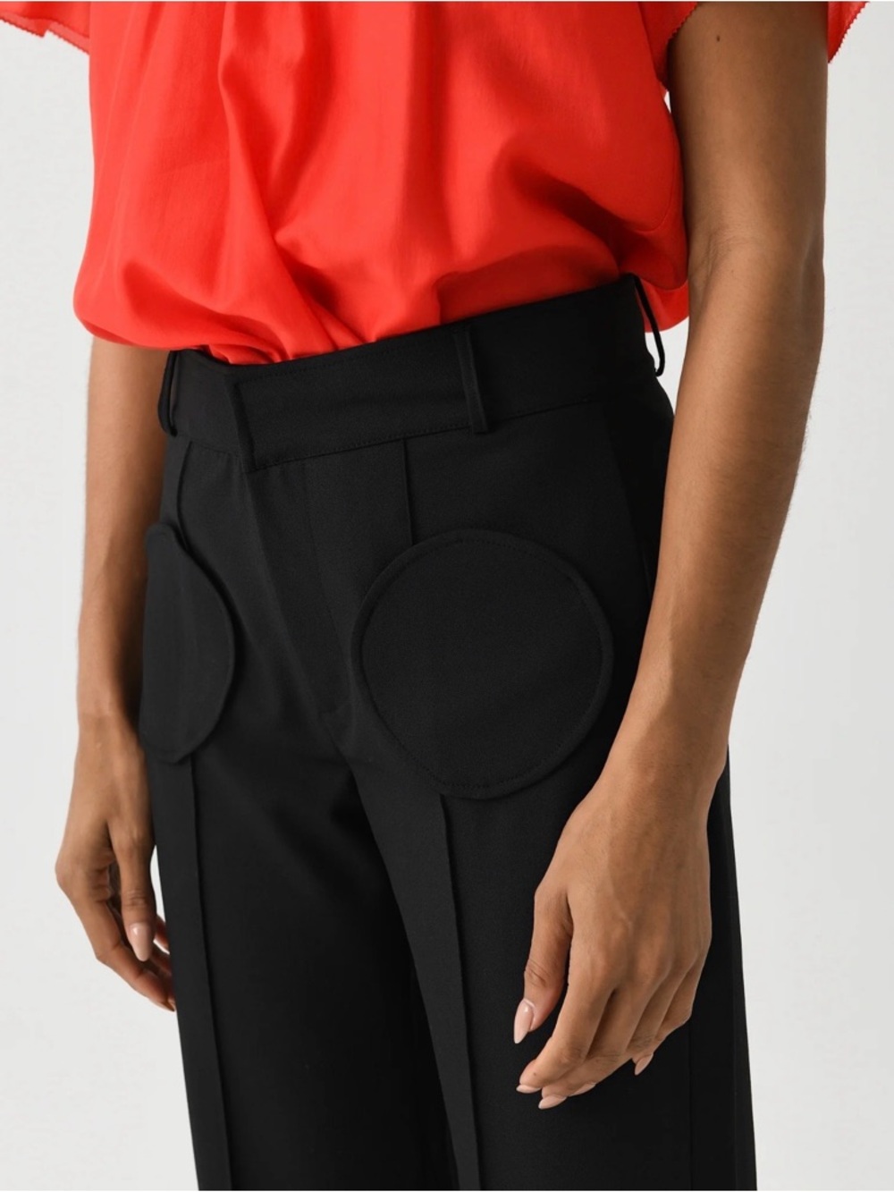 Destree Black Straight Pants Circular Pocket Detail Size 38 Designer High Waist — image 6 of 8